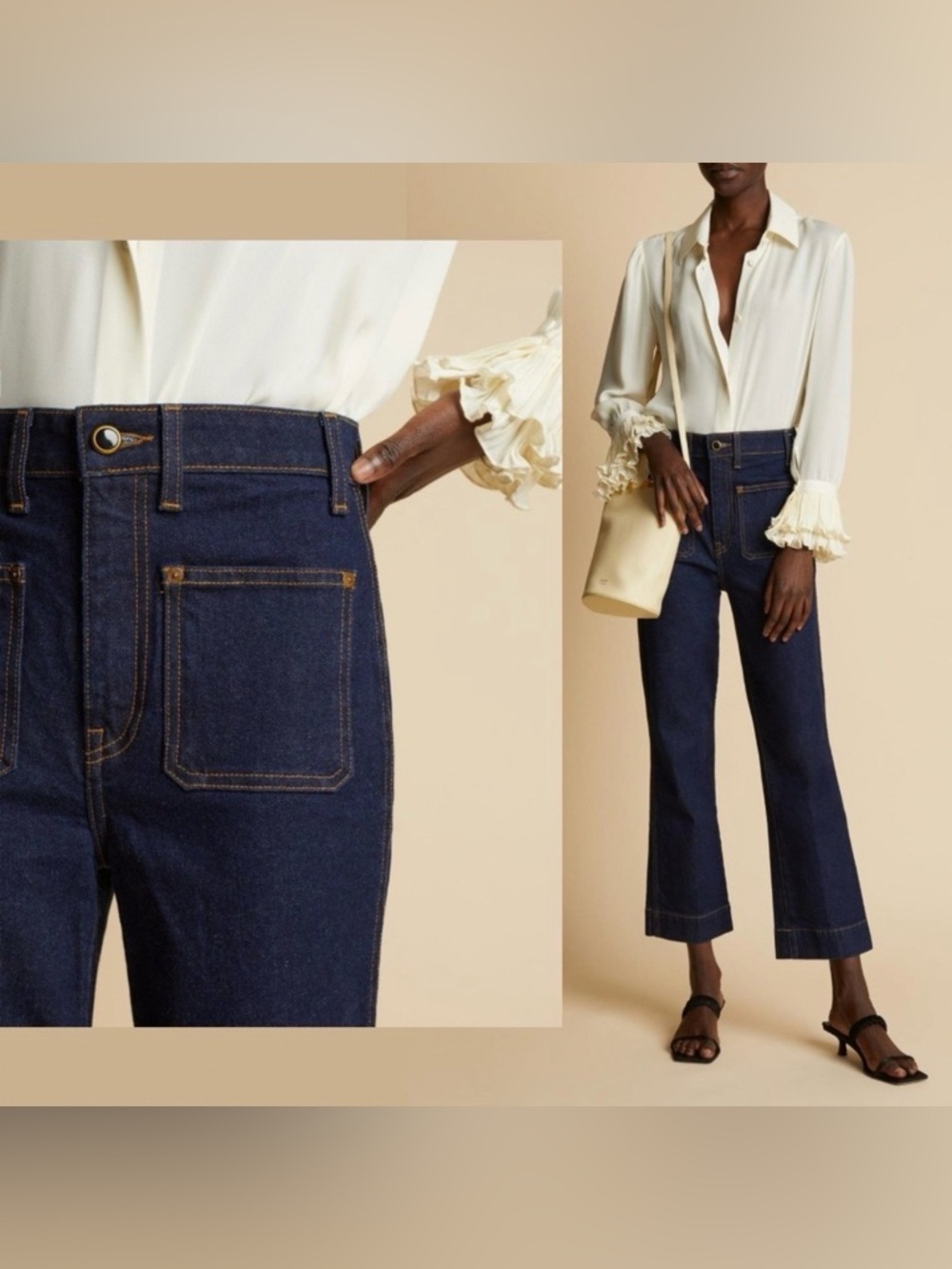 Khaite | Raquel Jeans High Waisted Bootcut Crop Flare Patch Pockets Dark Wash 25